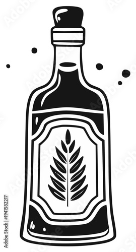 Bold black and white illustration of a classic tequila bottle with agave plant emblem and cork stopper