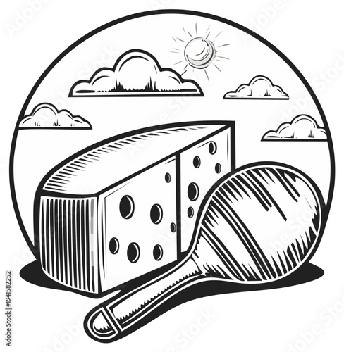 Cheese and maraca cartoon illustration within a circular frame with sky elements