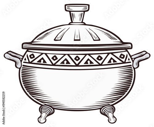 Vintage styled pot with a lid and legs in a stylized drawing with ornament as a cookware vessel.
