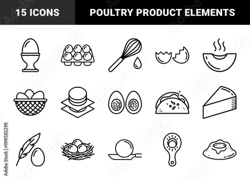 Egg production and culinary preparation symbols in technical monoline style. Detailed linear pictograms featuring poultry farming, breakfast cooking, and bakery ingredients.