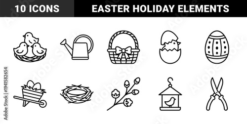Spring gardening and Easter celebration elements featuring line art birdhouse, hatching chick, nest, and watering can. Minimalist monoline garden tools and seasonal holiday pictograms.