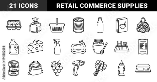 Grocery shopping and retail commerce line art elements. Minimalist monoline pictograms for supermarket logistics, food packaging, and checkout systems.