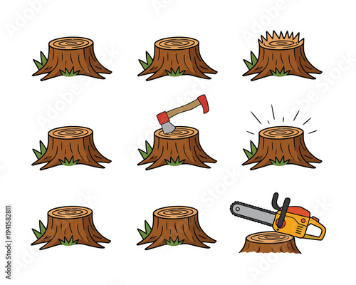 Tree stump vector set illustration, cut out tree stumps collection isolated on white background representing wood logging forestry and natural texture design.
