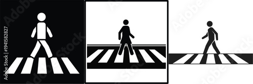 Minimalist pedestrian crossing icon, flat vector, simple human figure walking on crosswalk stripes, traffic symbol style, white background.