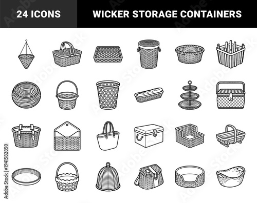 Woven wicker storage and organization containers for home interior design. Traditional handicraft basketry elements featuring various household storage solutions in a clean monoline style.