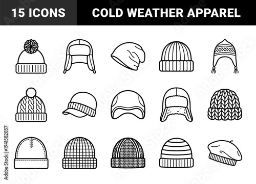 Winter headwear and cold weather fashion accessories for seasonal retail branding. Technical monoline illustrations featuring beanies, trapper hats, and knit caps in a clean uniform style.