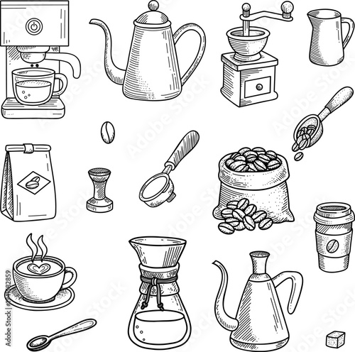 Hand drawn coffee brewing tools doodle set with beans grinder kettle cup and barista equipment vintage engraved style