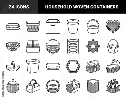 Woven storage containers and organizational basketry elements for interior design. Minimalist monoline illustrations of household bins and picnic hampers.