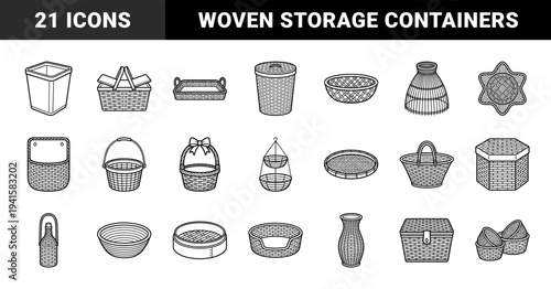 Woven wicker storage and household organization elements featuring traditional basketry techniques. Black and white monoline illustrations for interior design and storage solutions.