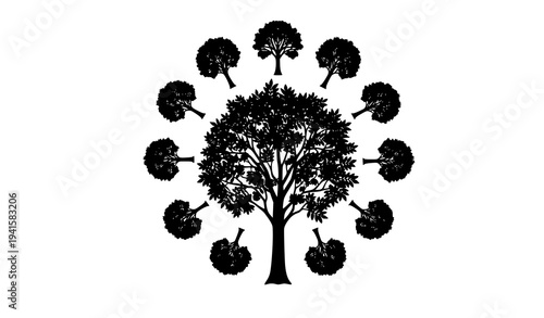 Ash Tree Silhouette Forest Badge Vector Natural Botanical Tree Illustration