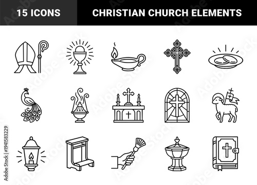 Christian religious symbols and liturgical items for ecclesiastical design. Minimalist monoline pictograms featuring sacramental and traditional church elements.