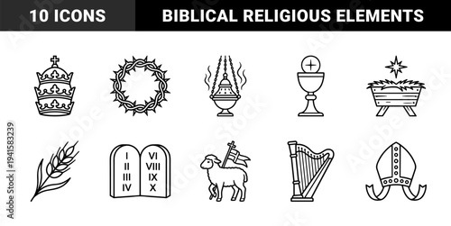 Christian religious symbols and biblical artifacts for church branding. Technical monoline graphics featuring thorns, chalice, and nativity concepts.