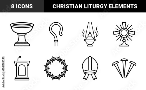 Christian liturgical symbols and ecclesiastical elements for religious education. Minimalist monoline pictograms featuring sacramental items and holy week metaphors.