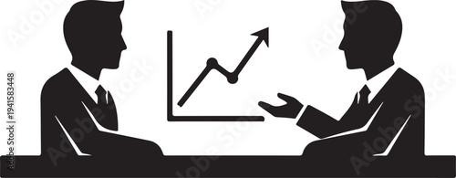 Two businessmen in silhouette discussing a rising graph at a table meeting discussion chart d