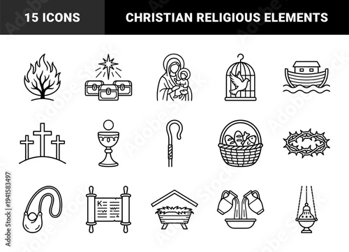 Biblical storytelling and Christian theology symbols for religious education. Minimalist monoline pictograms featuring nativity, crucifixion, and ancient scripture elements.