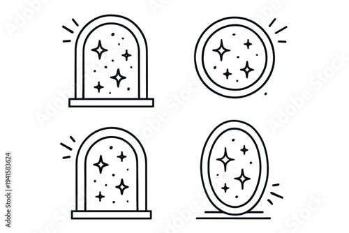 Set of four decorative mirror and sparkle line icons for beauty or home decor design flat vector icon