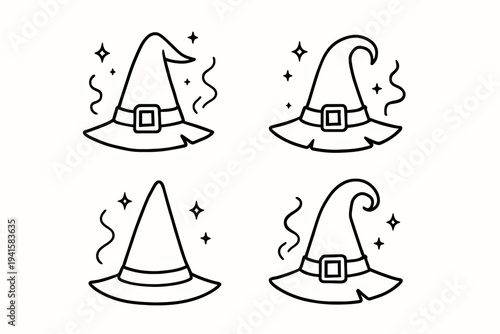 Four black line witch hats in different styles with sparkles for halloween sticker and icon set flat vector icon