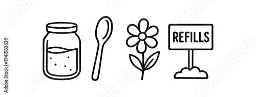 Jar spoon flower and refills sign line icons for zero waste shop labels and packaging flat vector icon