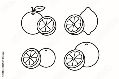Citrus fruit icons set with whole and sliced oranges and lemons for food label and menu design flat vector icon