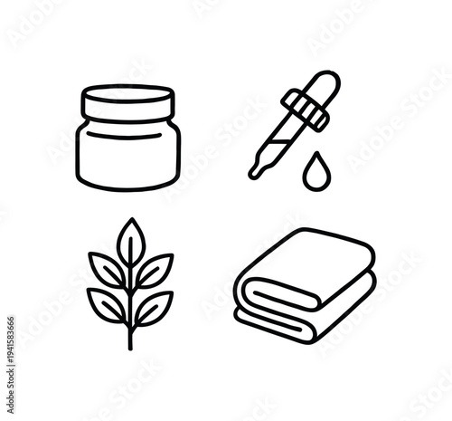 Four clean black line icons: cream jar, dropper with oil drop, small leaf stem, and folded towel for natural skincare and spa labeling.