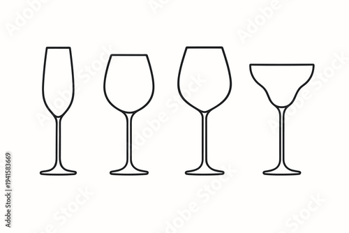 Four wine and cocktail glass outline icons in a row for menu or bar app use flat vector icon