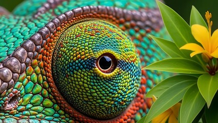 Closeup of a colorful chameleons eye with vibrant scales and a yellow flower