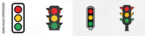 Minimalist road traffic light icon, flat vector illustration, basic geometric shapes, vivid colors, centered layout, white background
