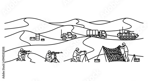 Desert Military Camp with Soldiers, Vehicles, and Equipment