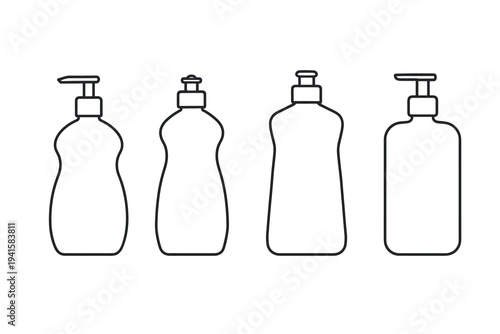 Assorted pump and squeeze bottles for soap and detergent packaging or label design flat vector icon