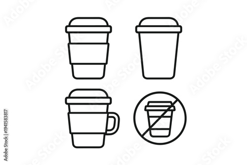 Coffee cup and reusable mug icons with no single-use cup sign for eco-friendly packaging and sustainability flat vector icon