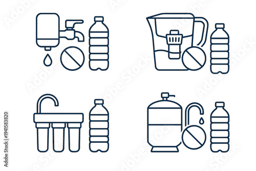 Water filtration and bottled water icons showing faucet filters, pitcher, large dispenser and bottled alternatives for water system comparison flat vector icon