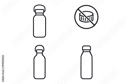 Reusable bottle icons with no single-use cup sign for sustainable drinkware and refill policy signage flat vector icon