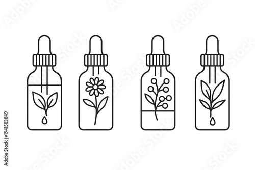 Four small dropper bottles with herbal plant designs in clean line art for skincare or essential oil labels flat vector icon