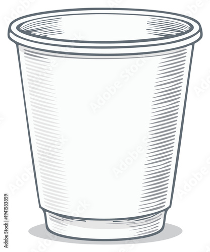 Disposable cup illustration with crosshatch texture effect showing container with plastic material and simple design for beverage