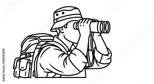 Explorer with Binoculars and Backpack Observing Nature