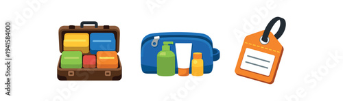 A colorful set of travel items: an open suitcase with packed toiletry boxes, a zippered toiletry bag with bottles, and an orange luggage tag, 