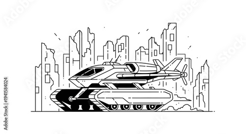 Futuristic Hover Tank with Propeller in Ruined Cityscape