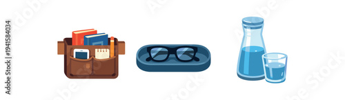 Three cute flat items on a white background: a brown organizer bag with books and gadgets, a blue eyeglass case with glasses, and a glass bottle and cup of milk 