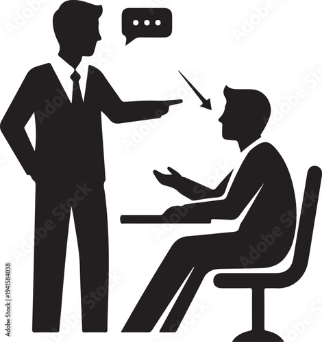 Two men in silhouette one standing pointing the other sitting at a desk business office