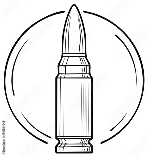 Black and white bullet illustration inside a circle frame