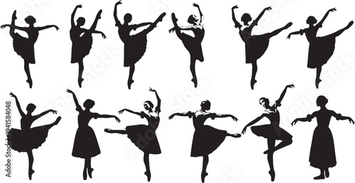 Silhouettes of multiple ballet dancers in various poses isolated