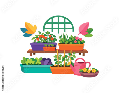 Bright flat illustration of a multi-level shelf of colorful pots and planters filled with flowers, herbs and greens, 