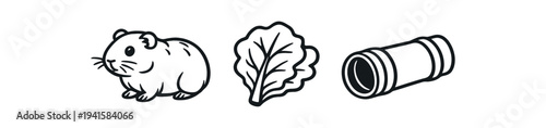 Three simple black-line icons of a hamster, a lettuce leaf, and a tunnel toy, created as flat vector icons for small animal care instructions, packaging, or app use.