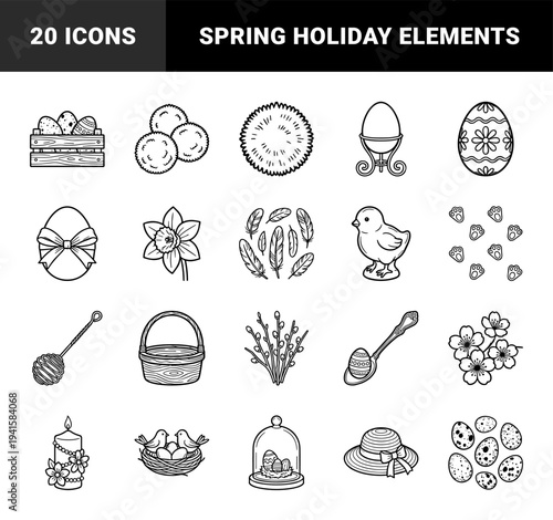 Easter holiday celebration elements and spring seasonal decorations. Hand-drawn black and white line art featuring decorated eggs, chicks, and floral motifs.