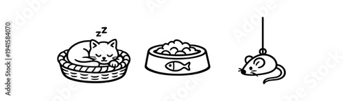 Three simple black-line pet icons: a sleeping cat in a basket, a bowl of kibble with fish symbol, and a hanging mouse toy — made as flat vector icons for pet-related designs.