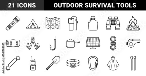 Outdoor survival and wilderness camping equipment in a monoline technical style. Minimalist black and white outline graphics for adventure gear and hiking essentials.