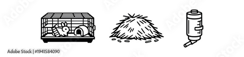 Three black outline icons showing a small pet cage with bedding and food, a pile of hay, and a hanging water bottle, designed as simple flat vector icons for pet care guides and product labeling.