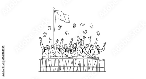 Graduation Celebration: Students Toss Caps in Air with Flag, Cheering