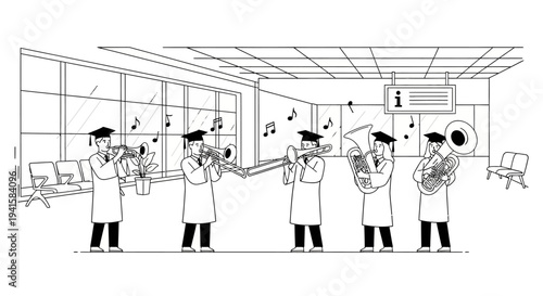 Graduation Band Performs in Airport Terminal, Celebrating Achievement and Travel