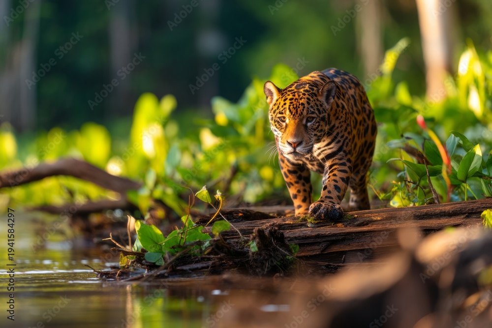 Obraz premium Jaguar Walking Gracefully Along Riverbank in the Warm Bright Light of Late Afternoon